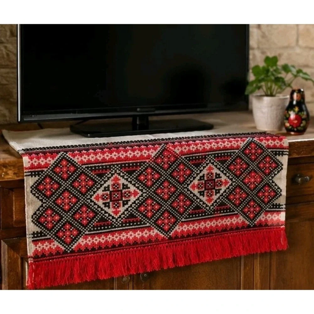 Vintage Ukrainian Rushnyk Embroidered Linen Towel, Red & Black Cross-Stitch Art